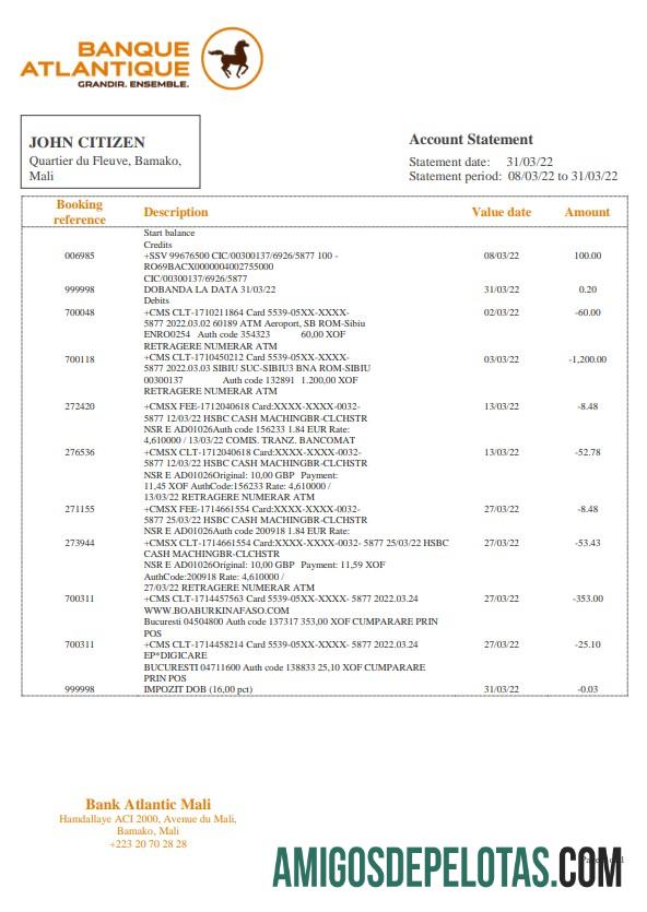 modelo de extrato bancário em branco Mali Banque Atlantiaque em formato Word e PDF, formato .doc e .pdf